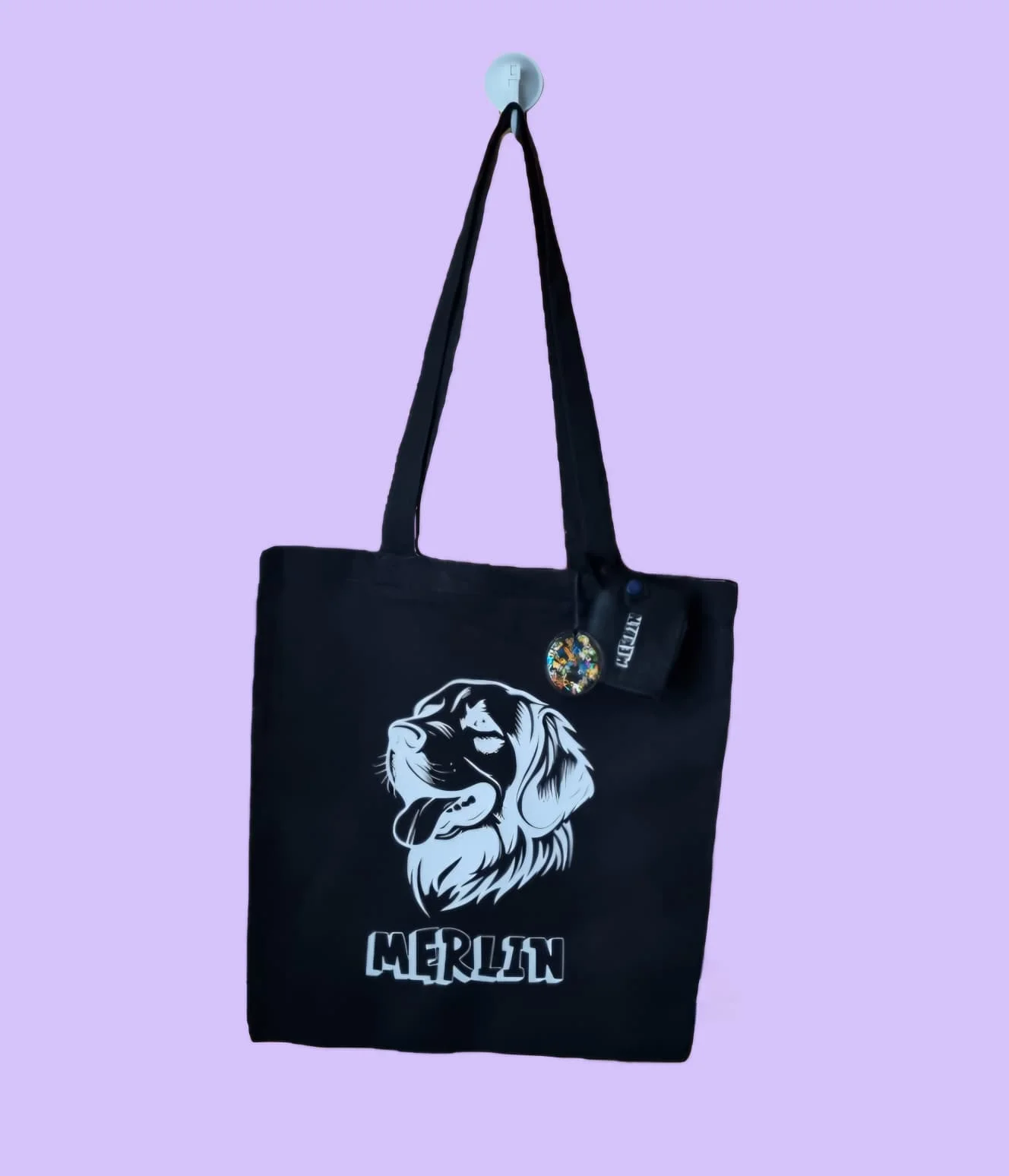 Tote bag negra con dibujo de perro y nombre