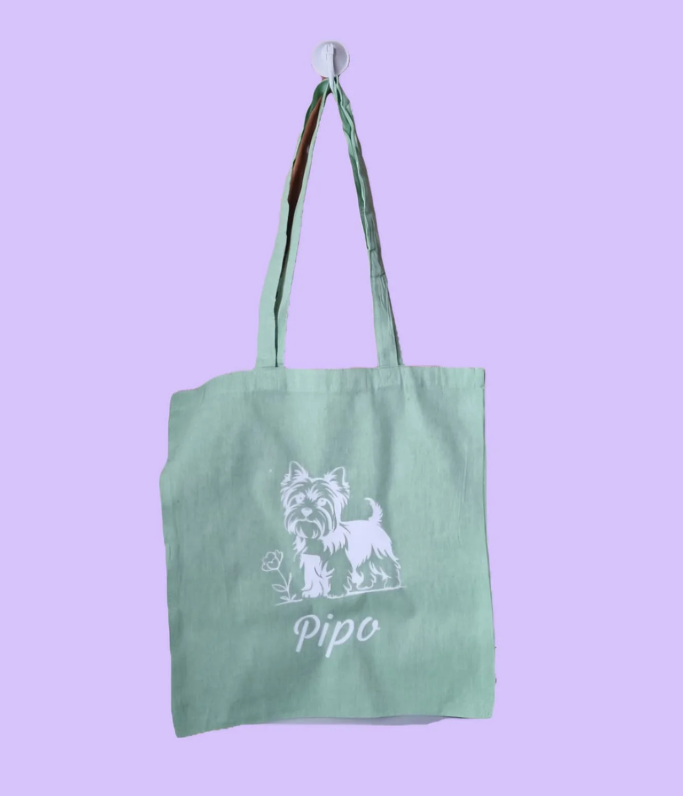 Tote bag turquesa con dibujo de perro y nombre